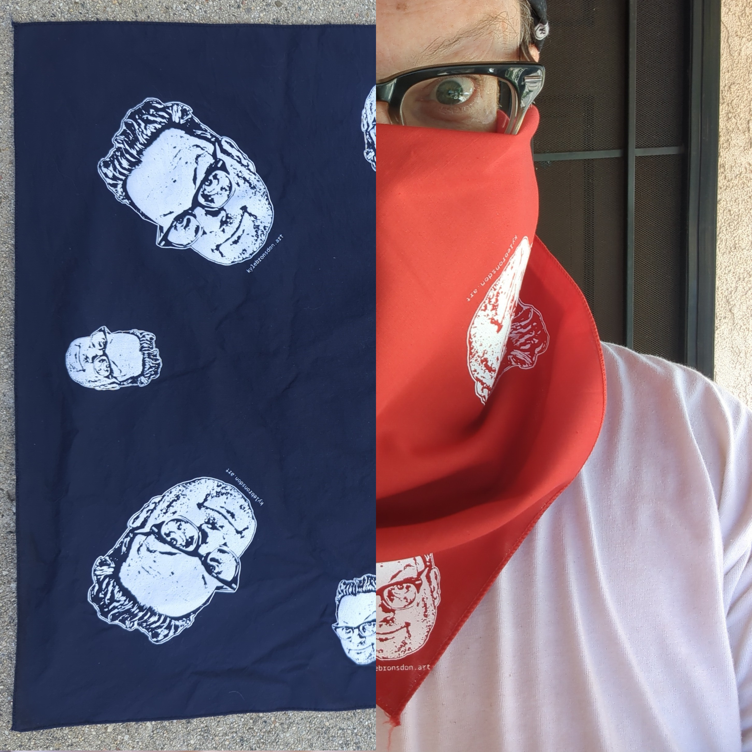 Kyle in red bandana and design detail in blue